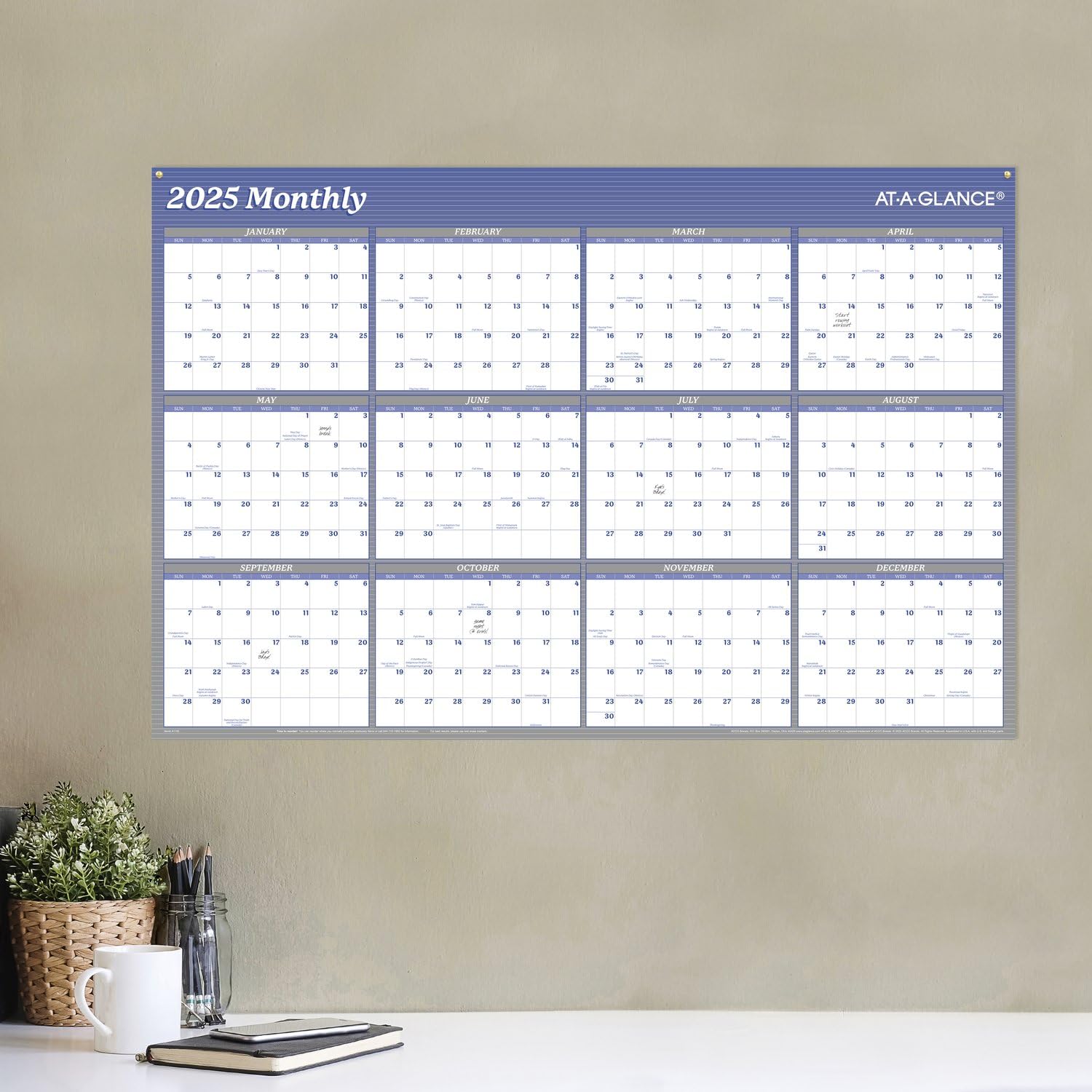 AT-A-GLANCE Calendario 2025 cancellabile, planner da parete cancellabile a secco, 91,4 x 63,5 cm, grande, verticale/orizzontale, reversibile, blu (A1102-25)
