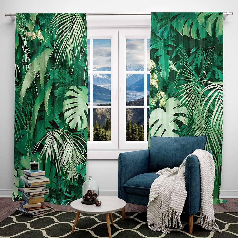 82 x 84 Inches Tropical Palm Leaves Summer Window Curtain Plant Jungle Garden Nature Eco Theme Plant Living Room Balcony Bedroom Decoration Window Decor Drapes 2 Panel