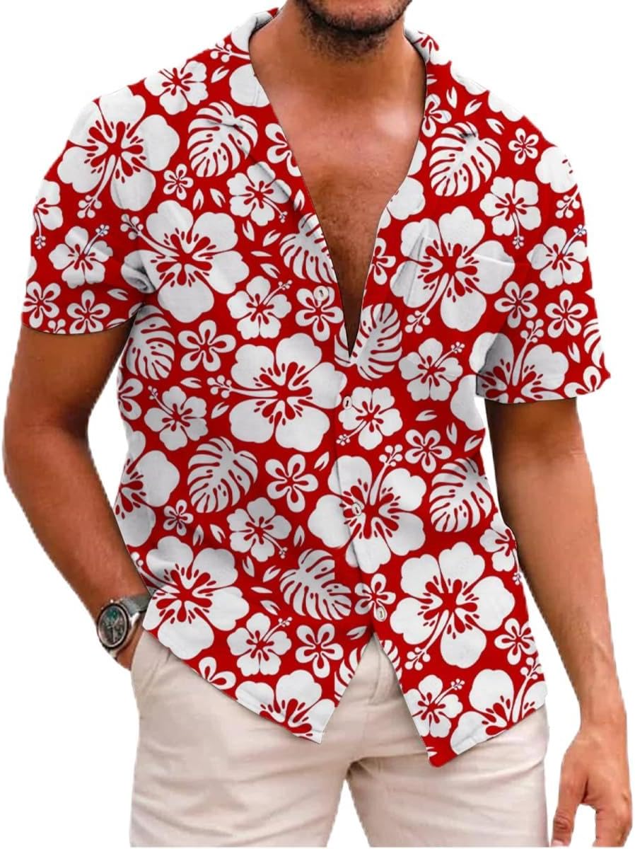 Mens Hawaiian Shirts Short Sleeve Button Down Tropical Beach Summer V Neck Shirt Medium Flower Red
