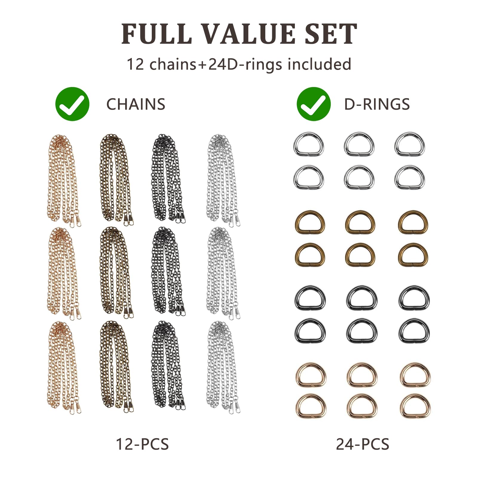 12 Piezas Cadenas para Bolsos con Cadena de Repuesto 120cm, 24 Anillos en D, Correa para Bolso de Hombro Bandolera (Bronce, Pistola, Oro Claro, Plata)