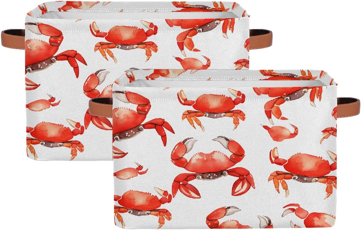 Storage Baskets for Shelves Ocean Sea Animal Crab Foldable Decorative Storage Basket Bins with Handles Storage Basket Box for Home, 2 Pcs