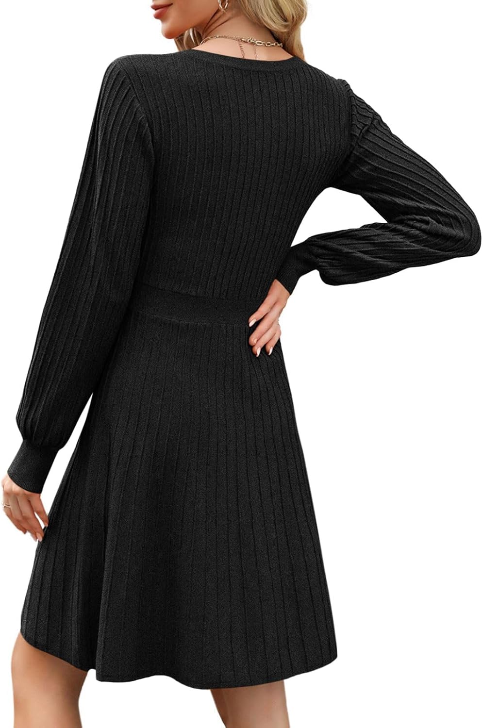 Womens Dresses Sweater Dress Elegant Long Sleeve Tunic Sweater Square Neck Knit Pullover Slim Fit Dress Black L - Image 3