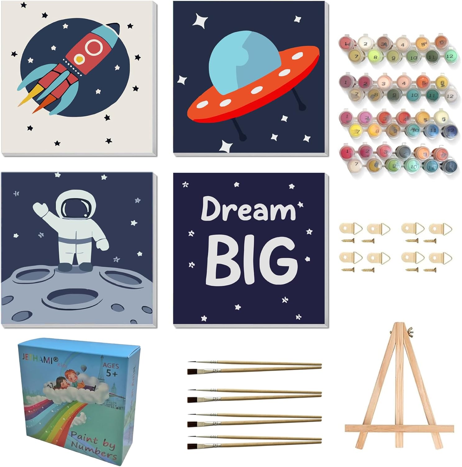 Jethami 4 Pack Paint By Numbers Kit for Kids Ages 6-8-12 with Frame & Easel, Easy Animals Canvas Painting Kit for Girls Boys Home Wall Decor 8x8 in