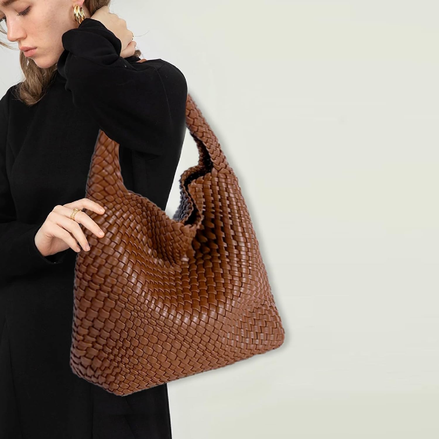 Women Vegan Leather Hand-Woven Tote Handbag Fashion Shoulder Top-handle Bag All-Match Underarm Bag with Purse - Image 3