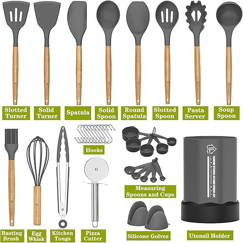 Miniatura 2 de Fungun - Juego de utensilios de cocina de silicón juego de utensilios de cocina de 26 piezas con soporte para utensilios utensilios de cocina Black,