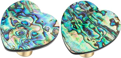 Rockcloud Pomos de cajón de concha de abulón coloridos con forma de corazón con base de cobre, tiradores hechos a mano para gabinete, armario,