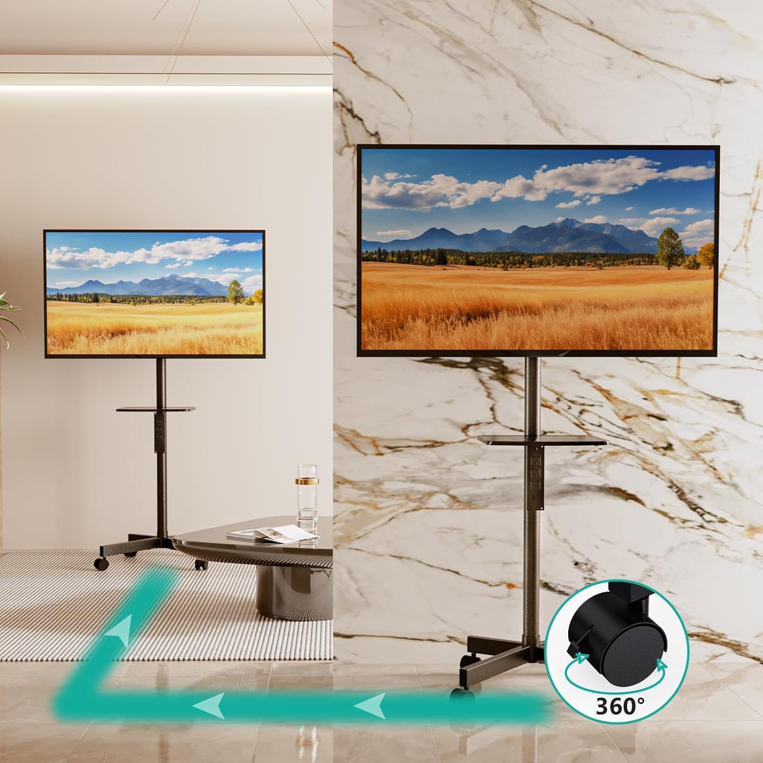 Image demonstrating the 360-degree rotation and mobility of the TV stand on wheels, showing it being moved across a room.