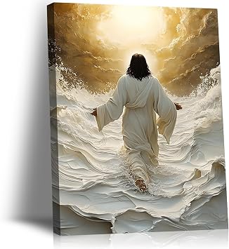 Framed Gold and White Jesus Walking on Water Canvas Wall Art Christian Religious Poster Picture Christ Painting Decor Modern God Art Prints for Living Room Bedroom Church Decor12x16in