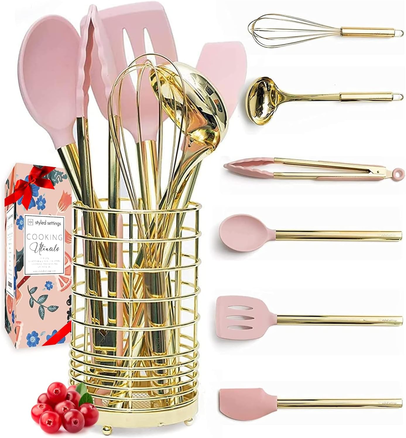 Gold & Pink Kitchen Utensil Set with Holder Pink Cooking Utensils