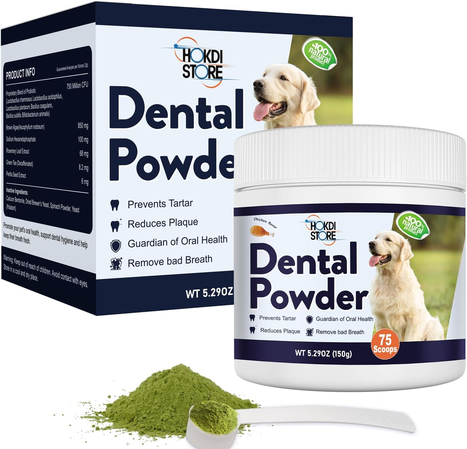 Dog Breath Freshener Dental Powder–Teeth Cleaning Powder for Dogs with Probiotics & Herbs–Plaque & Tartar Remover, Fresh Breath Remedy & Oral Care-Chicken Flavor-75 Scoops (Pack of 1)
