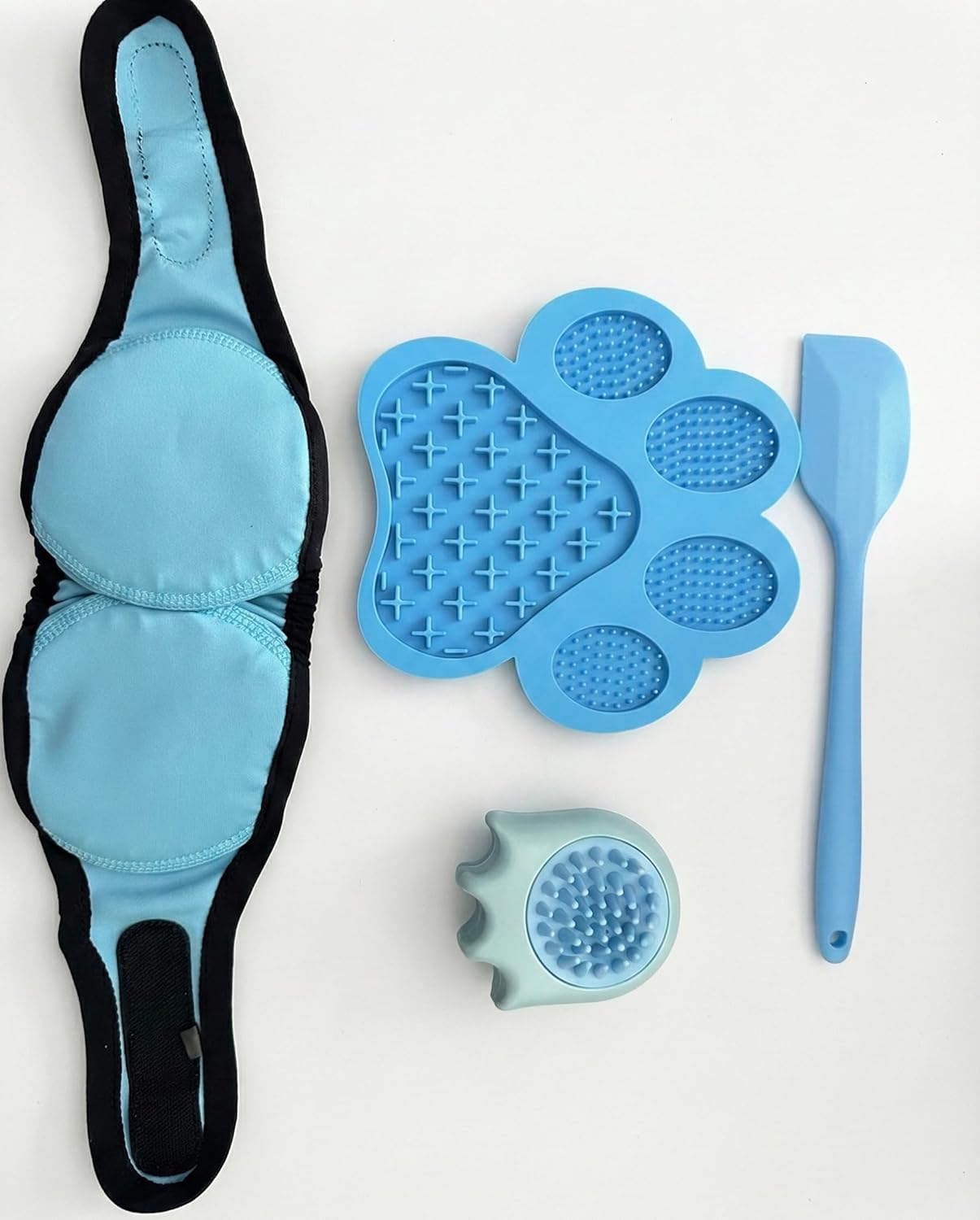 Loving PETS Dog Bath Set - Lick Mat for Anxiety Relief, Shampoo Massage Brush, Spatula, 4 Piece Kit with Earmuffs- Complete Grooming Kit (Blue)
