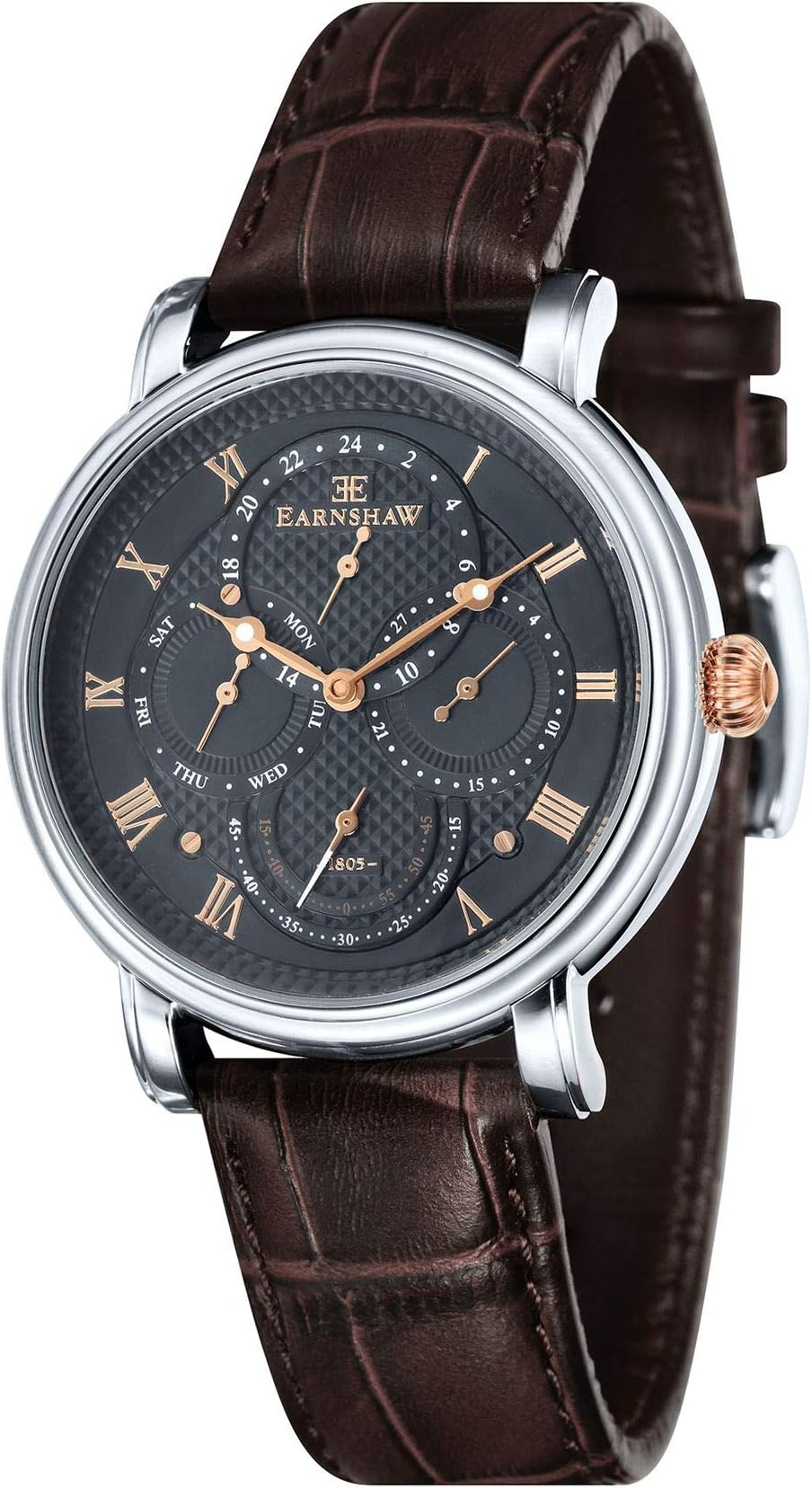 Thomas Earnshaw Men's Longcase Master Calendar Quartz Watch with Black Dial Analogue Display and Brown Leather Strap ES-8048-02