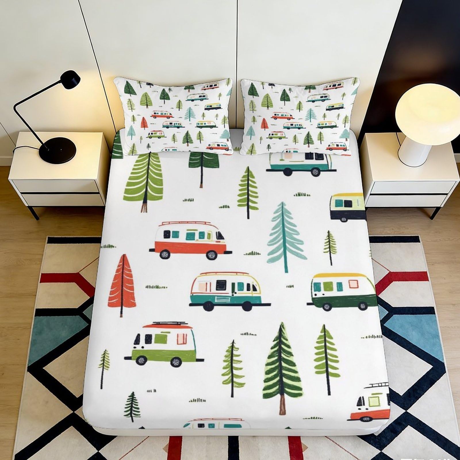 3D Printed Camper Van Fitted Sheet Microfiber Soft Breathable Tree Pattern Mattress Cover for Bedroom Dormitory Guest Room Mattress Protection Decor 120x200x25cm