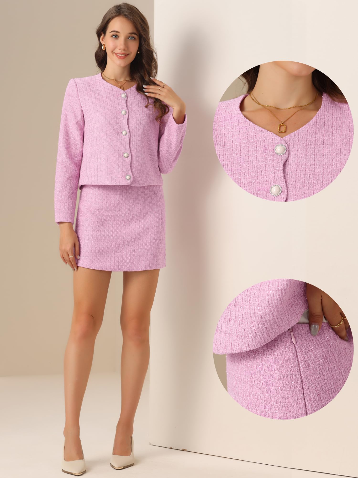 Allegra K Damen Tweed Blazer Set Elegante Arbeit 2-teiliger Blazer Rock Anzug