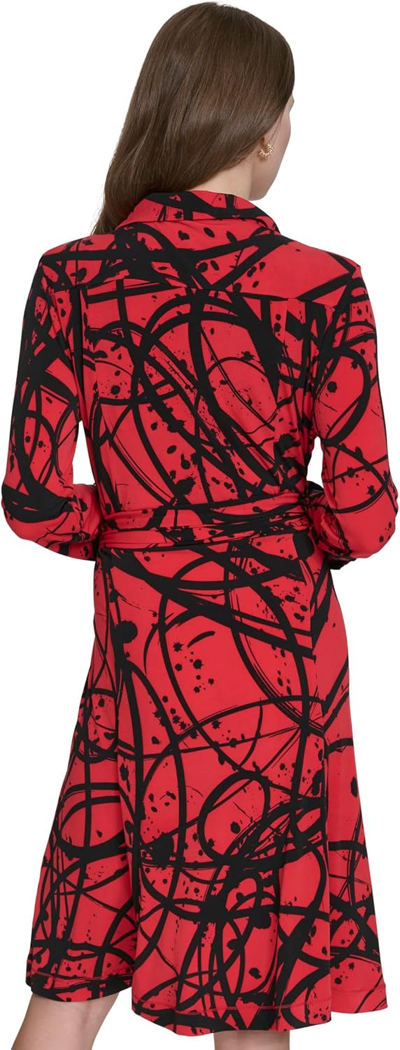 Halston Womens Long Sleeve Collared V-Neck Tie Waist Shirt Dress - Image 4