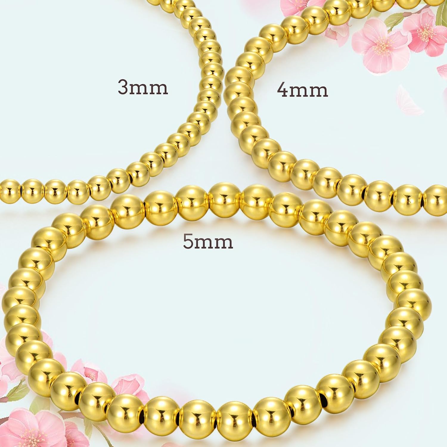 18K Yellow Gold 3mm/4mm/5mm Gold Bead Ball Bracelet for Women, 18K Gold Bead Ball Stretch Bracelet, Stretchable Gold Ball Bead Stretch Bracelet Anklet for Women, Customizable Length 5inch-38inch