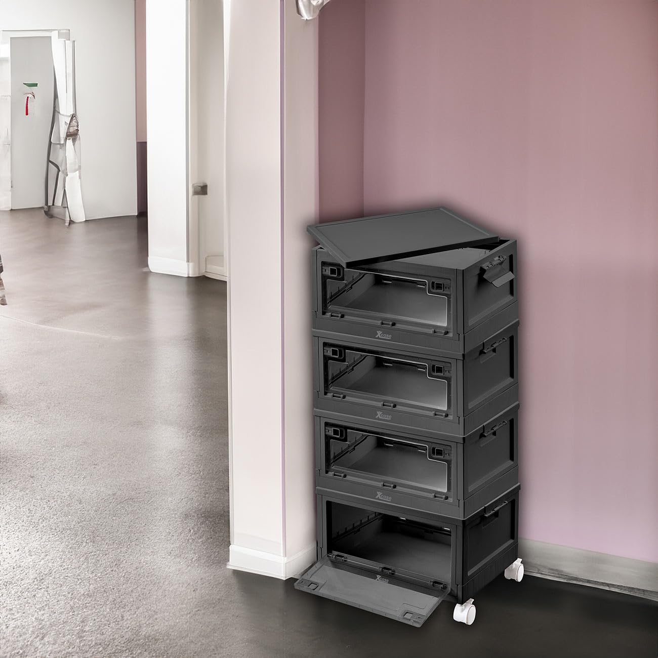 Xcase Stapelboxen mit Deckel: 4er-Set Faltbare Aufbewahrungsboxen mit Deckel, 4 Rollen, 45l, schwarz (Boxen mit Kunststoff, Kunststoffboxen mit)