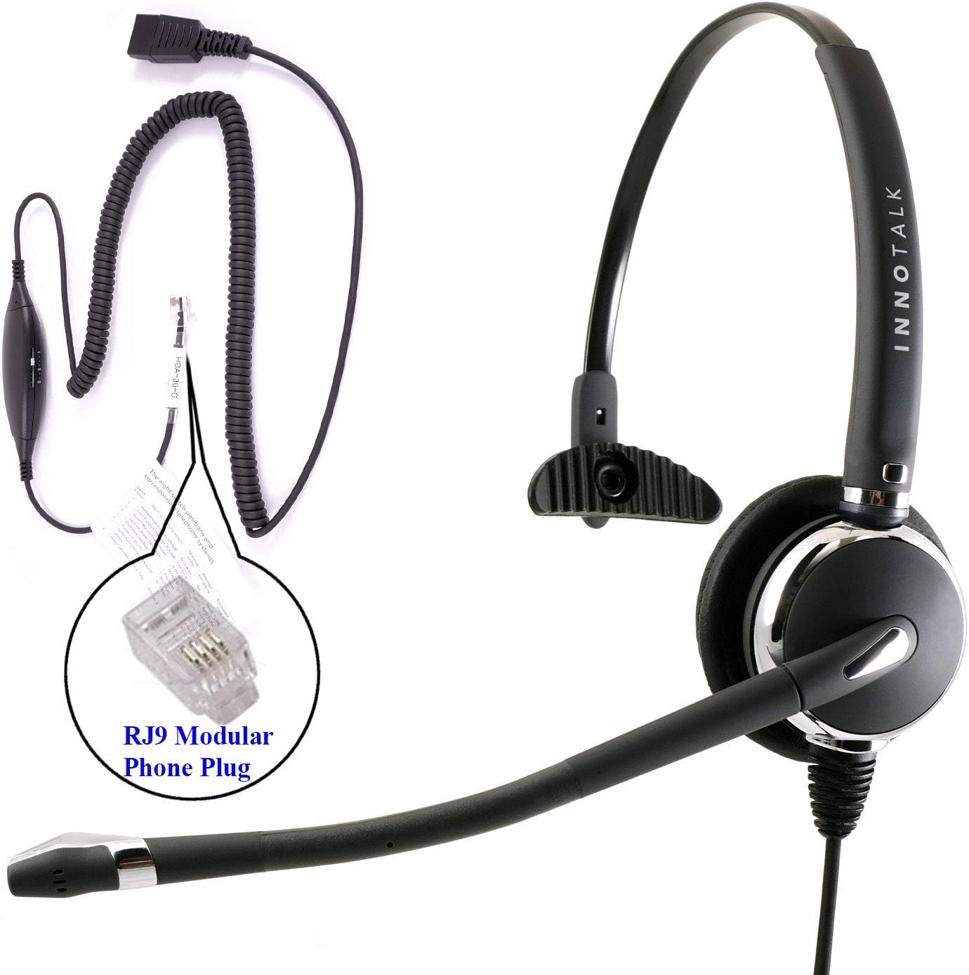 RJ9 Headset - Luxury Professional Monaural Headset + Virtual RJ9 Cord for Any phone's Modular Jack, Compare GN1200 Smart Cord