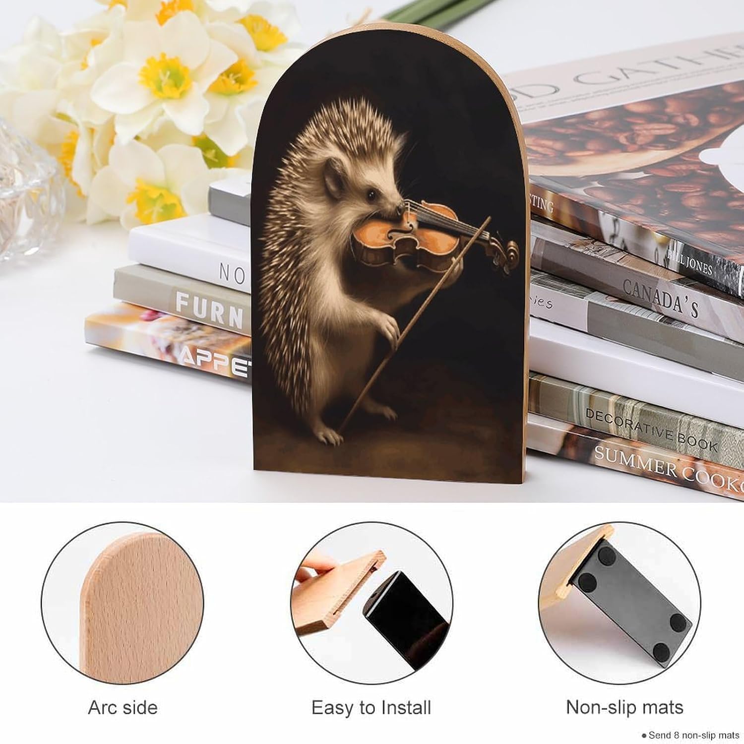 Animal Hedgehog Music Violin Bookend for Shelves Fashion Modern Wood Book End with Non-Slip Metal Base Universal Economy Bookend Book Organizer for Home Office Desk Accessories 1 Pair image 4