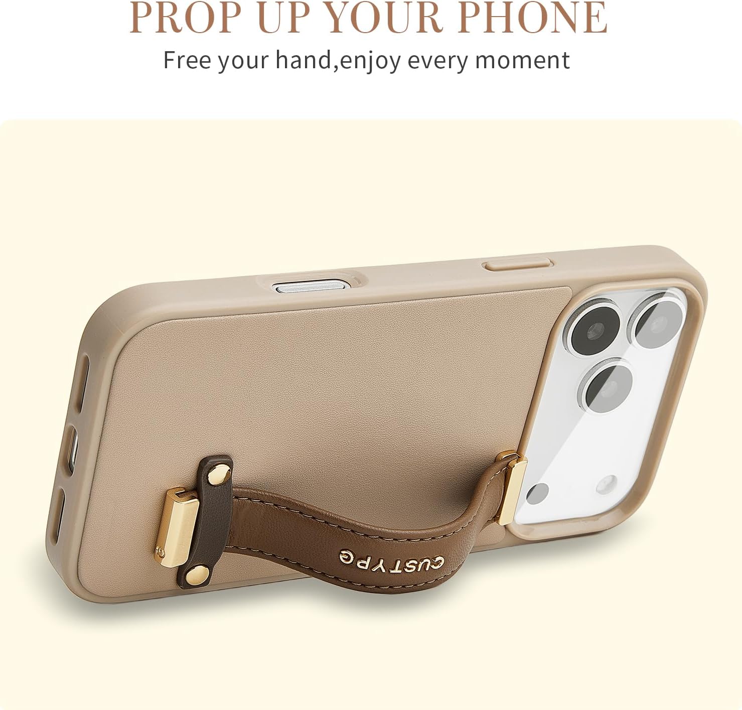 CUSTYPE Compatible with iPhone 17 Pro Case with Adjustable Wristband Strap Kickstand,handstrap Grip Loop Strap Leather Case for Women Girl for iPhone 17 Pro 6.3inch-Brown - Image 7