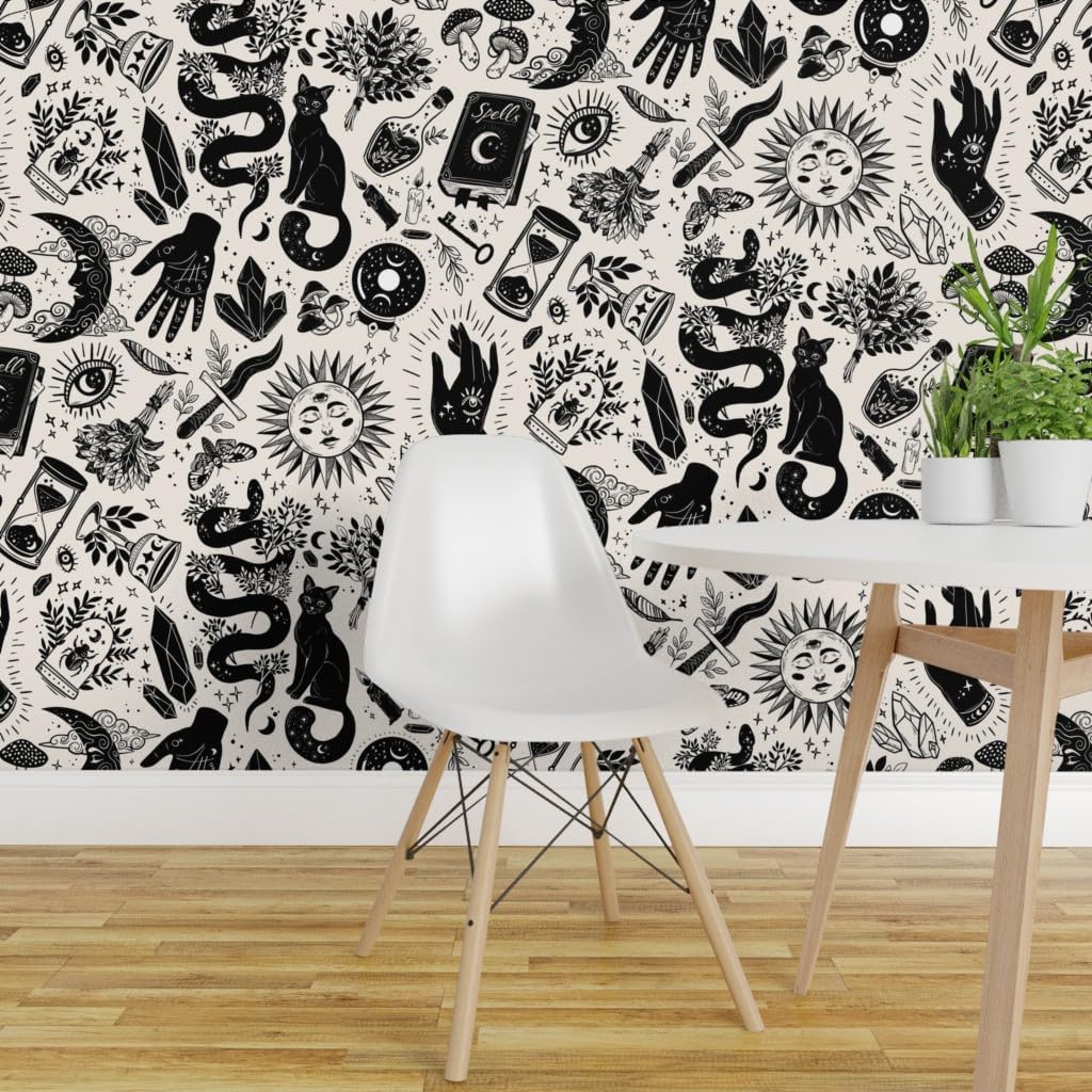 Spoonflower Removable Wallpaper 3ft x 2ft - Black White Goth Gothic Magic Halloween Witch Monochrome Custom Pre-Pasted Wallpaper