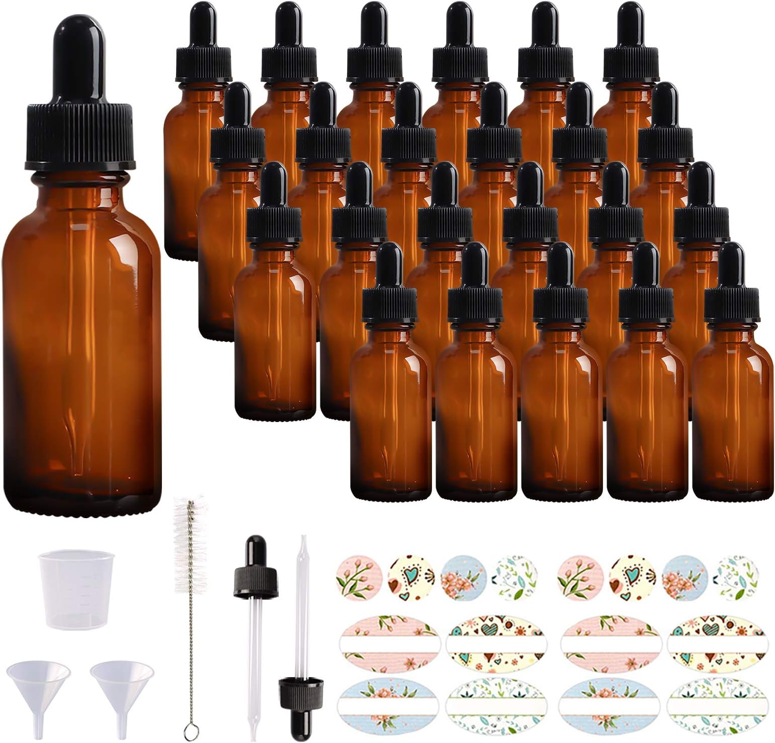 Comrzor 24 Pack 1oz Amber Glass Bottles with Glass Eye Droppers for Essential Oils, Perfumes & Lab Chemicals (Brush, Funnels, 2 Extra Droppers, 36 Pieces Labels & 30ml Measuring Cup Included)