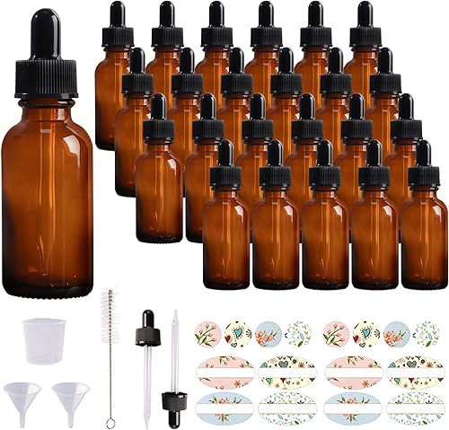 Paquete de 24 botellas de vidrio ámbar de 1 onza con cuentagotas de vidrio para aceites esenciales, perfumes y productos químicos de laboratorio