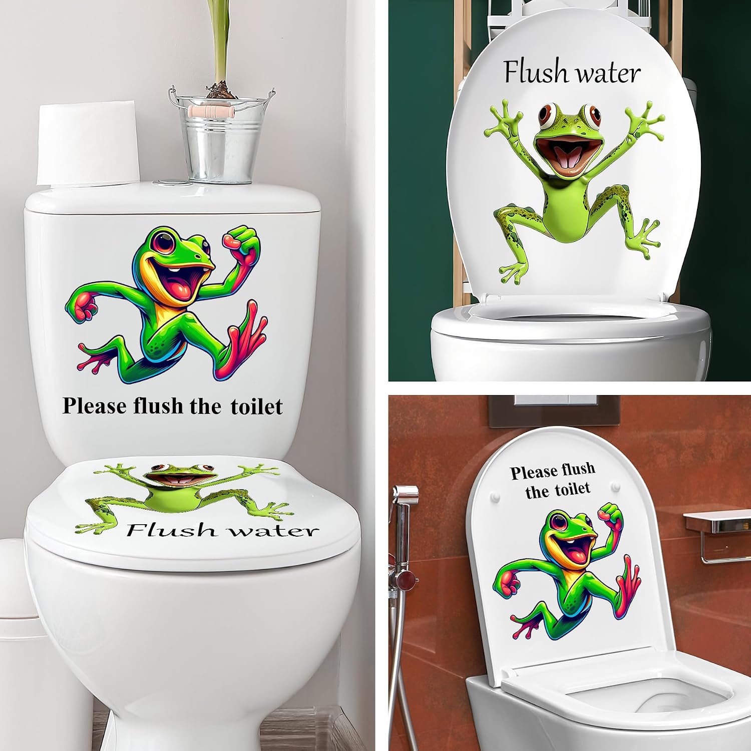 2PCS Cute Animals Toilet Seat Stickers Self-Adhesive Frogs and Lettering Toilet Lid Decals DIY Removable Smile Frog Quotes Toilets Stickers for Cistern Bathroom WC Restroom Decor Door CH81283 (Frog 2)