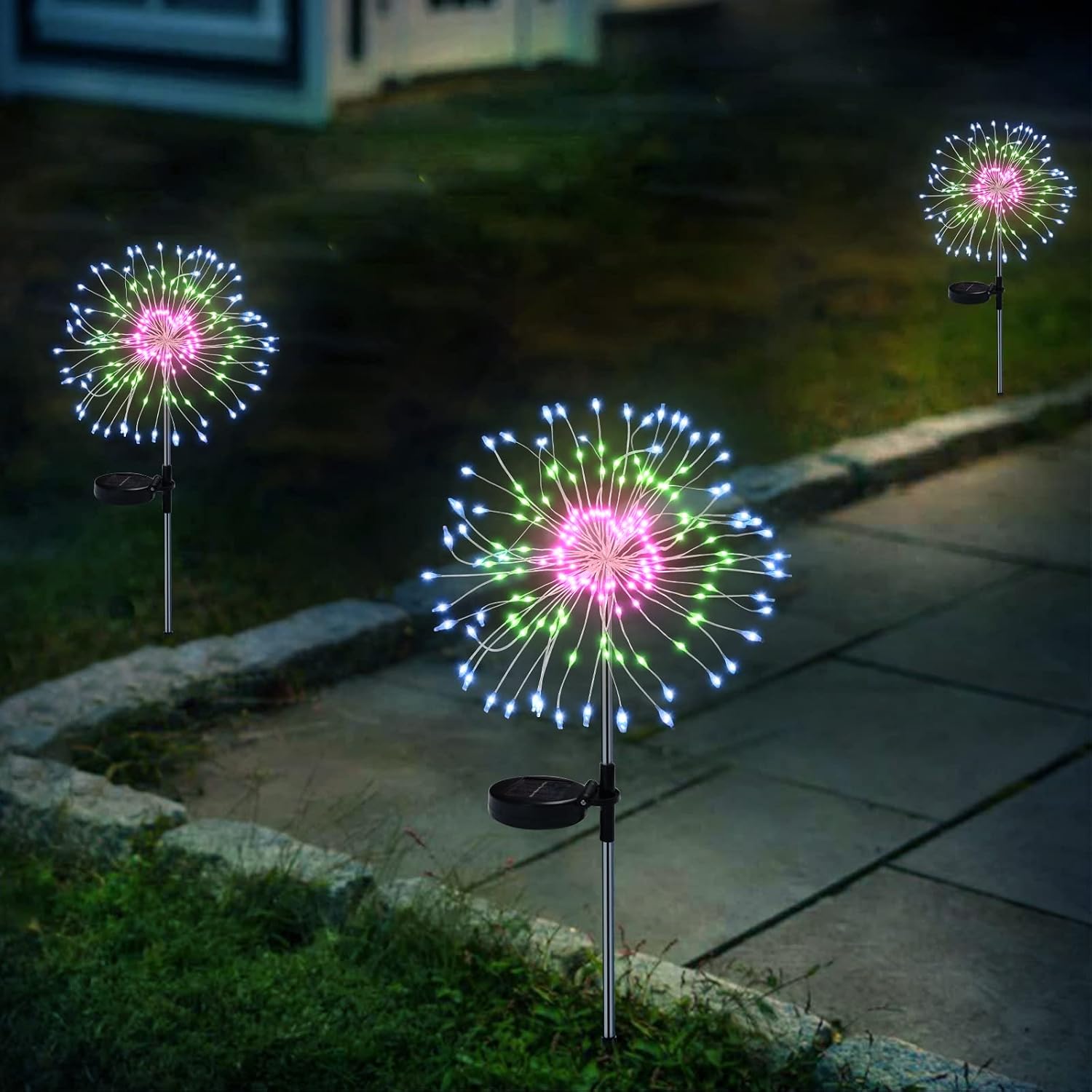 Honche Solar Garden Lights, 2 Pack IP65 Waterproof Solar Outdoor Lights Decorative with 2 Modes Multi-Color Firework Lights for Christmas Pathway Parties Farmhouse Garden Courtyards Porch Decor