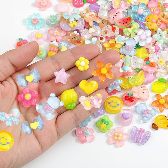 100 PCS Cute Slime Charms Animals Fruits Resin Charms Mixed Colors for Crafting, Phone Cases, DIY Nails, Hairband, Hairpin, Scrapbooking