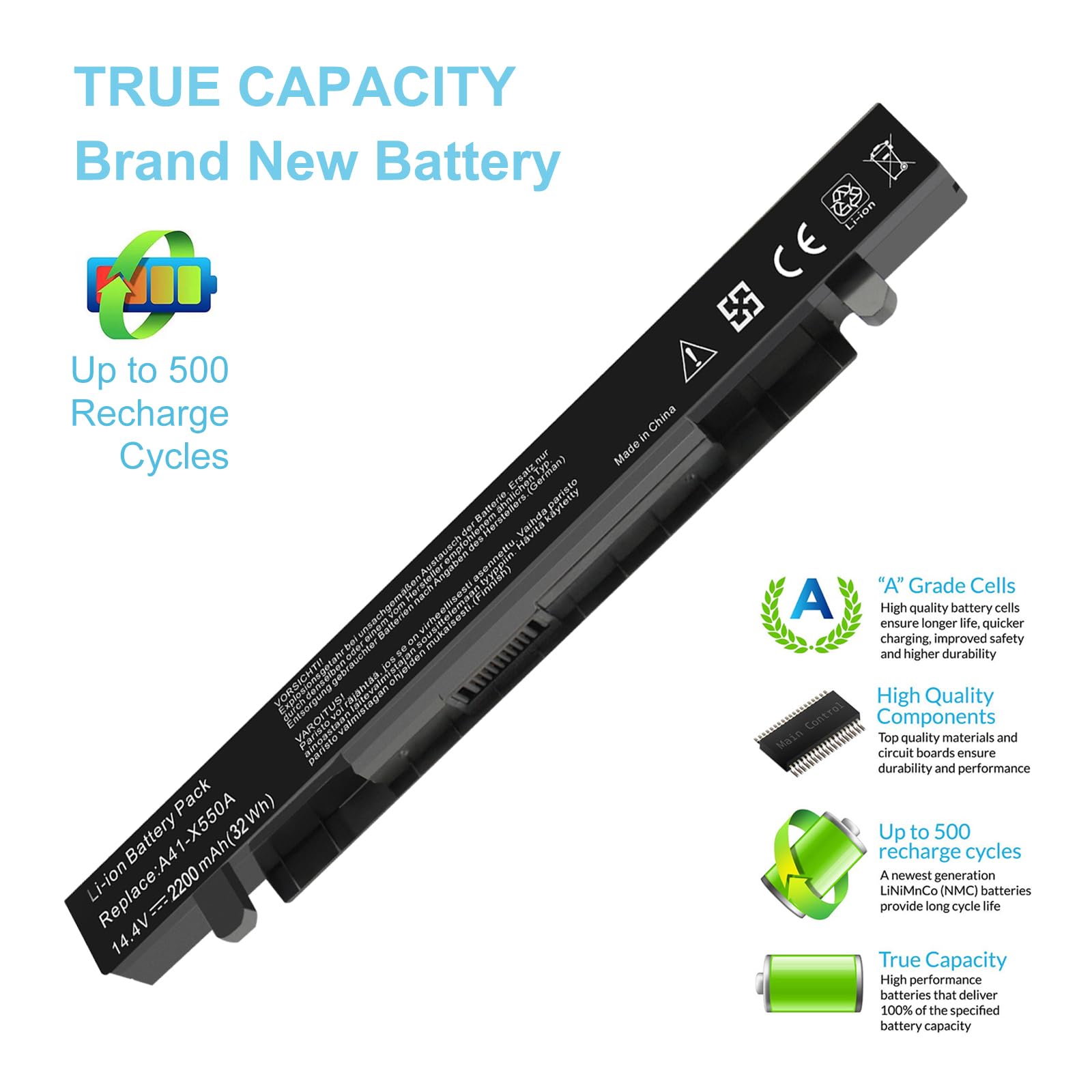 RDY Batteria A41-X550A A41-X550 per Asus X550 X550C X550CA X550CC X550L X550V R510 R510C R510CA R510J R510JK R510L R510LA A550 F550 (Capacità: 2000 mAh 14.4V