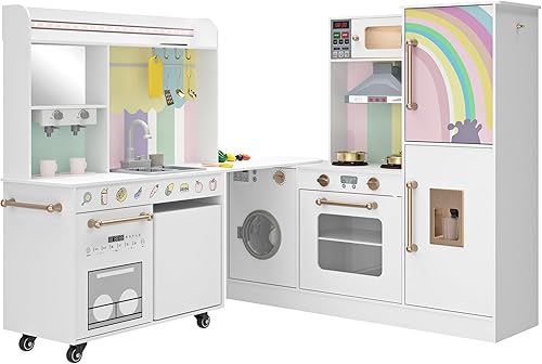Miniatura 10 de Juego de cocina de esquina de madera para niños, cocina de juego grande con fregadero con agua corriente, estufa con luz y sonido, máquina de hielo