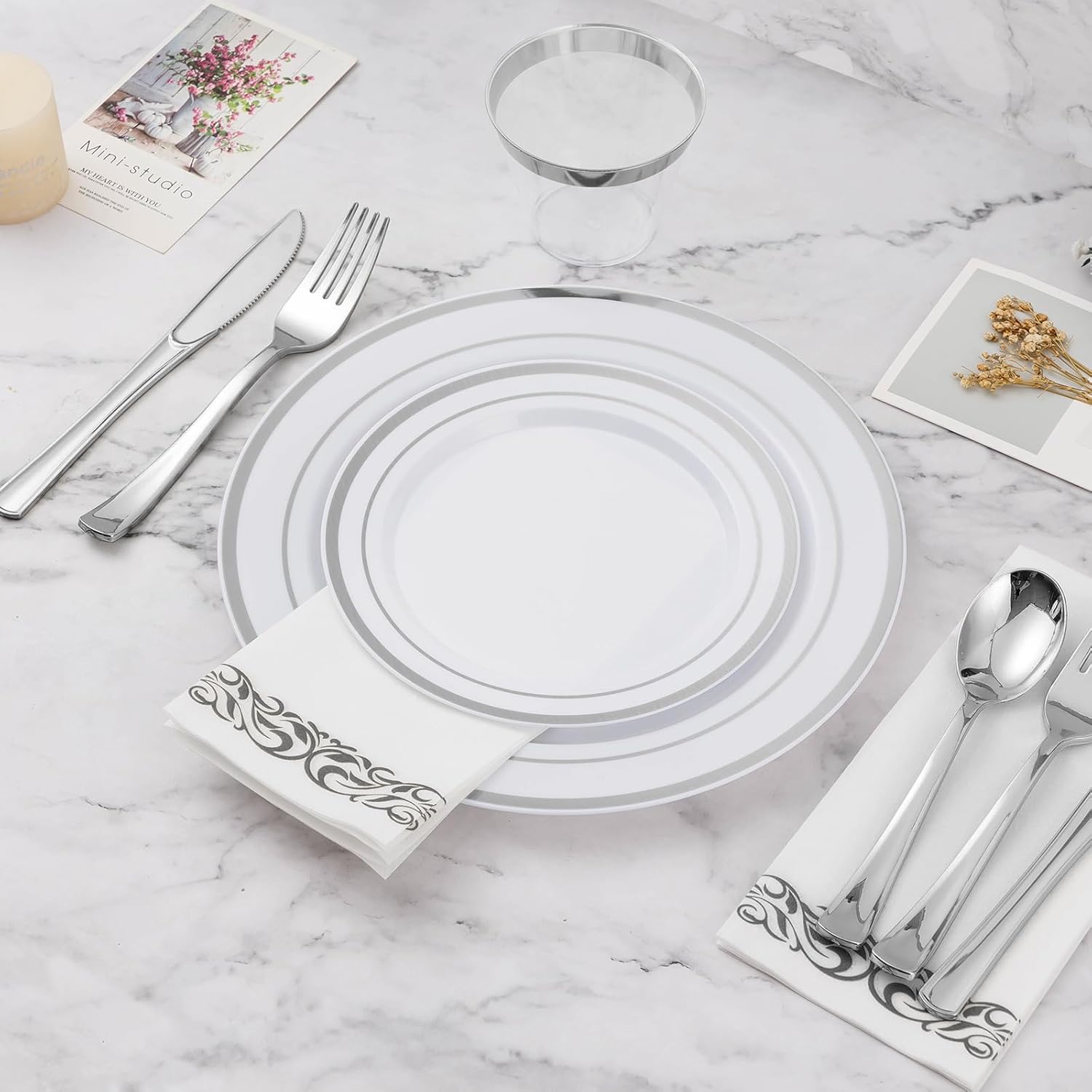 BESTVIP 700 PCS Silver Dinnerware Set for 100 Guests, Plastic Dinnerware Set for Party, Wedding, Christmas, Include: 200 Plastic Plates, 100 Silver Silverware, 100 Cups, 100 Paper Napkins - Image 5