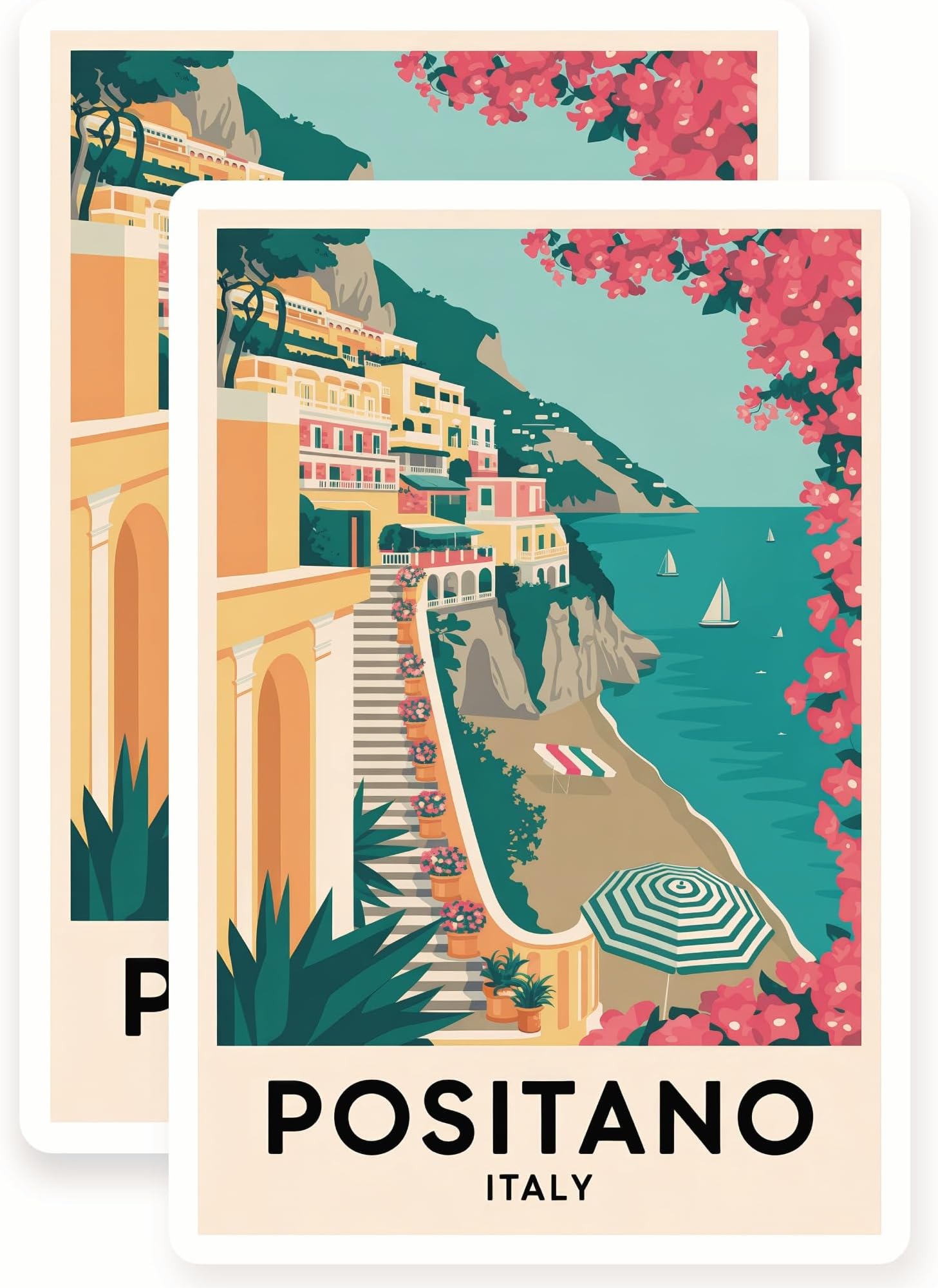 Positano Italy Stickers - Amalfi Coast Travel - Italy Vacation - Travel Destination - 2 Pack - 5" Wide Design - Adheres to Laptops, Tumblers, and More - Made in The USA - AQS4528