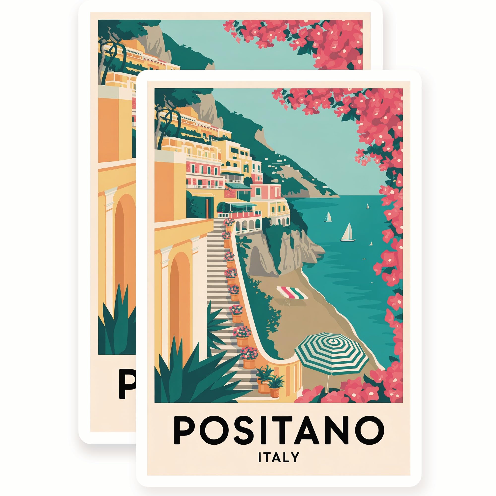 Positano Italy Stickers - Amalfi Coast Travel - Italy Vacation - Travel Destination - 2 Pack - 5" Wide Design - Adheres to Laptops, Tumblers, and More - Made in The USA - AQS4528