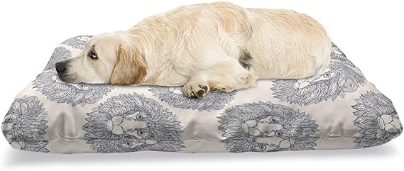 Review Lunarable Lion Pet Bed, Modern Art Style Pattern with Zentangle King of Forest Animal Head, Chew Resistant Pad for Dogs and Cats Cushion with Removable Cover, 24″ x 39″, Pale Eggshell Dark Indigo