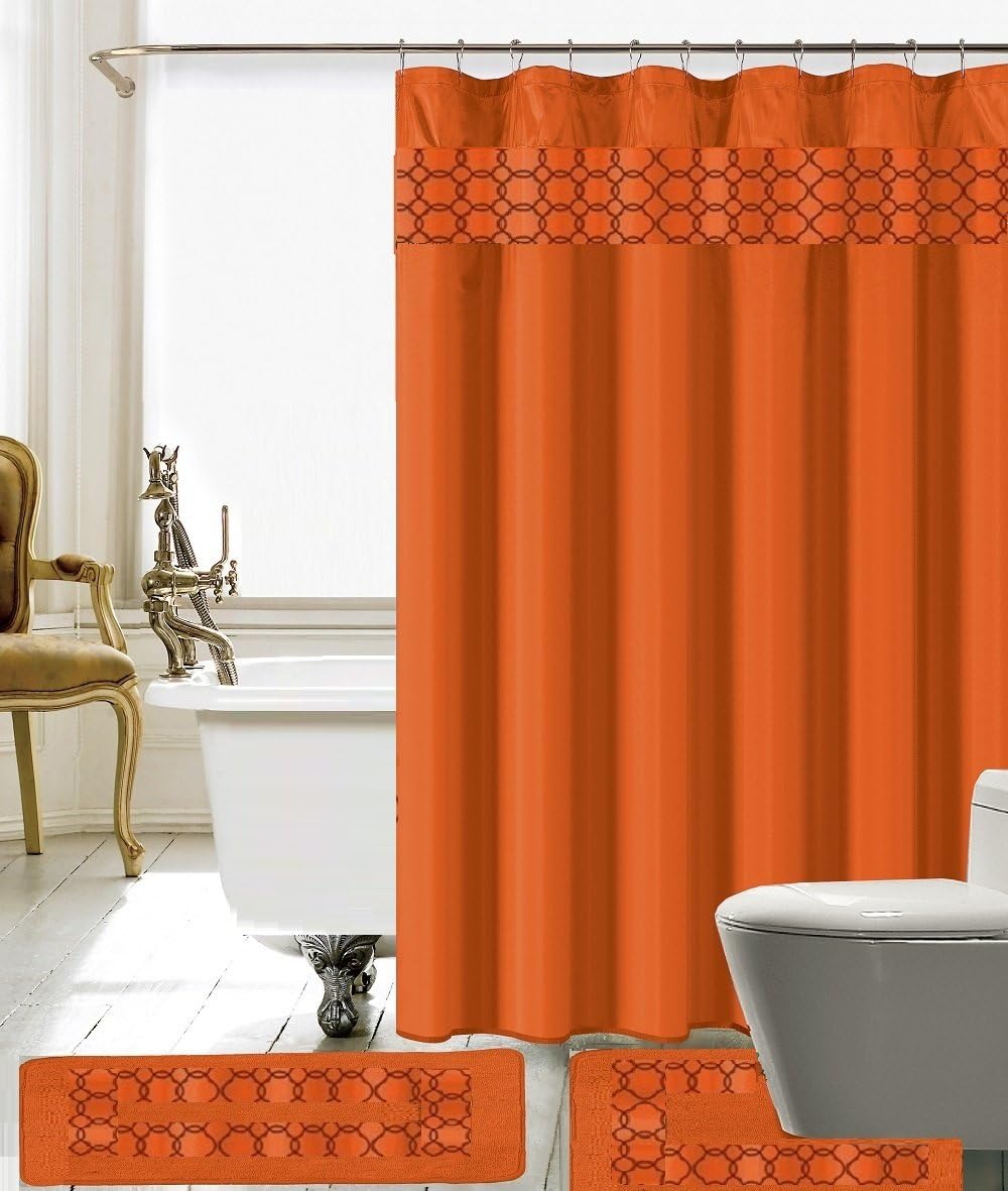 BH Home & Linen 15 Piece Embroidery Shower Set 1 Large Bat Mat 1 Contour Mat 12 Pc Metal Roller Ball Shower Hooks (Orange)