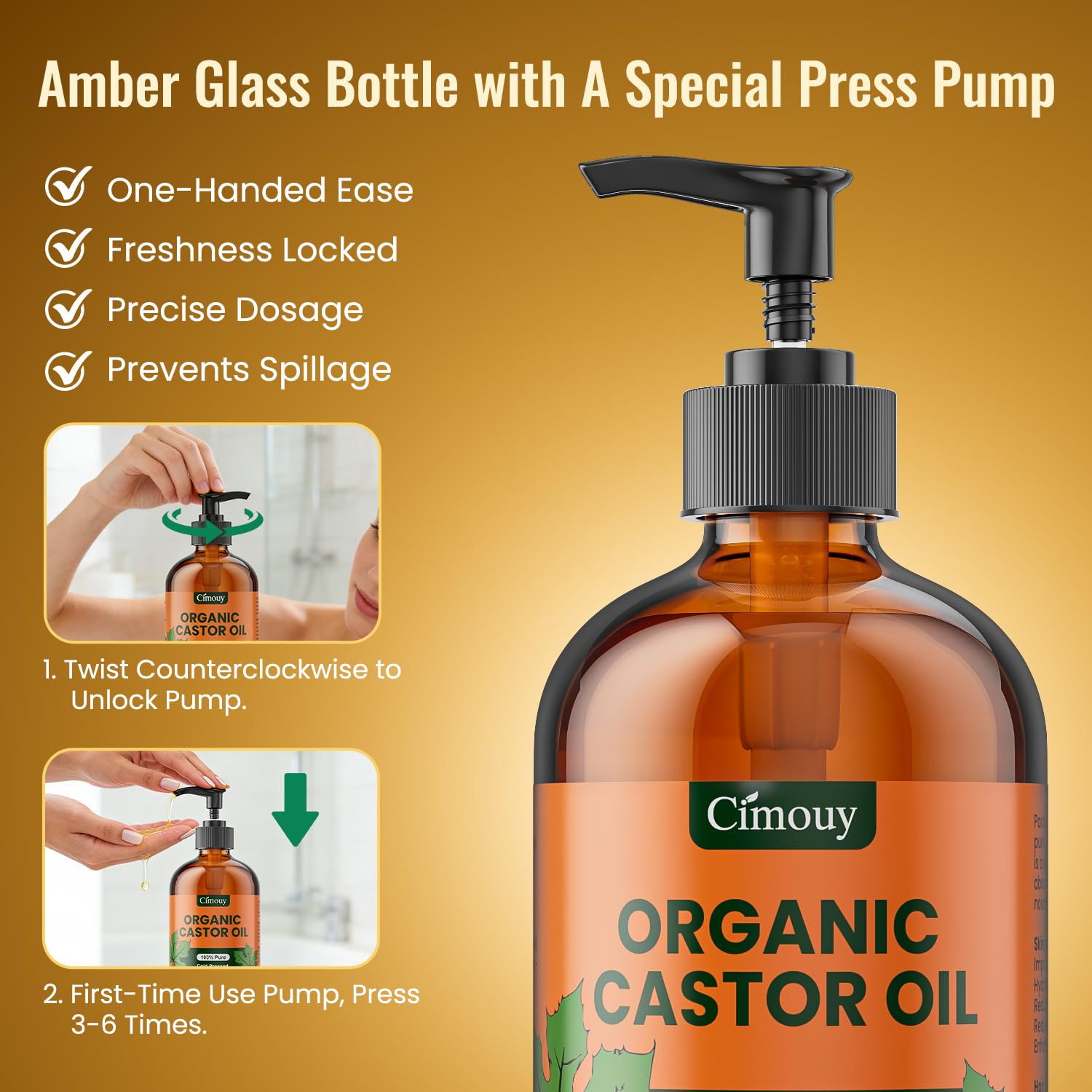 Cimouy USDA Organic Pure Castor Oil, 16 fl oz Amber Glass Bottle