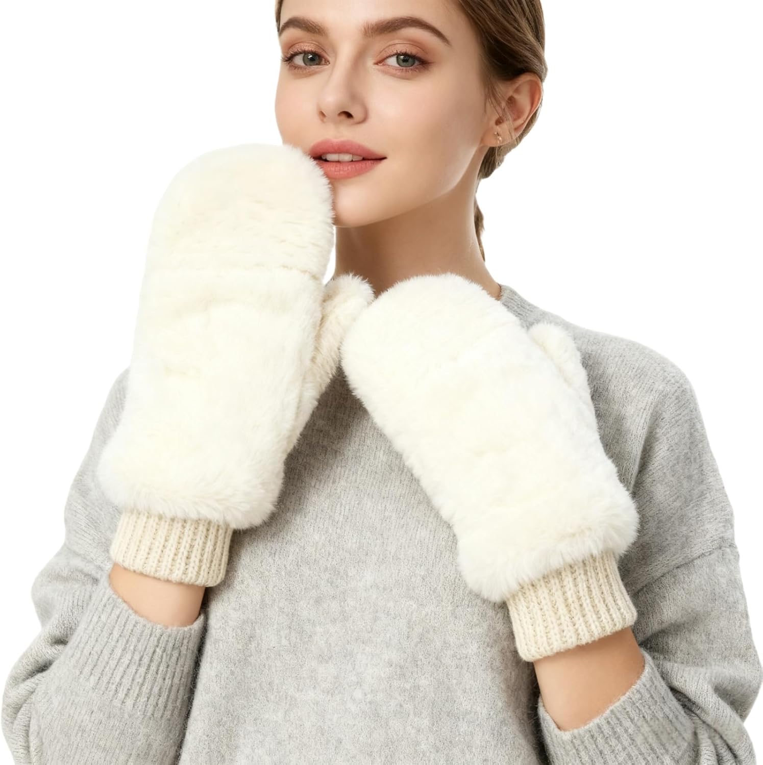 JUMISEE Women Winter Faux Fur Flip Cover Mittens Warm Soft Half Finger Fingerless Gloves - Image 2