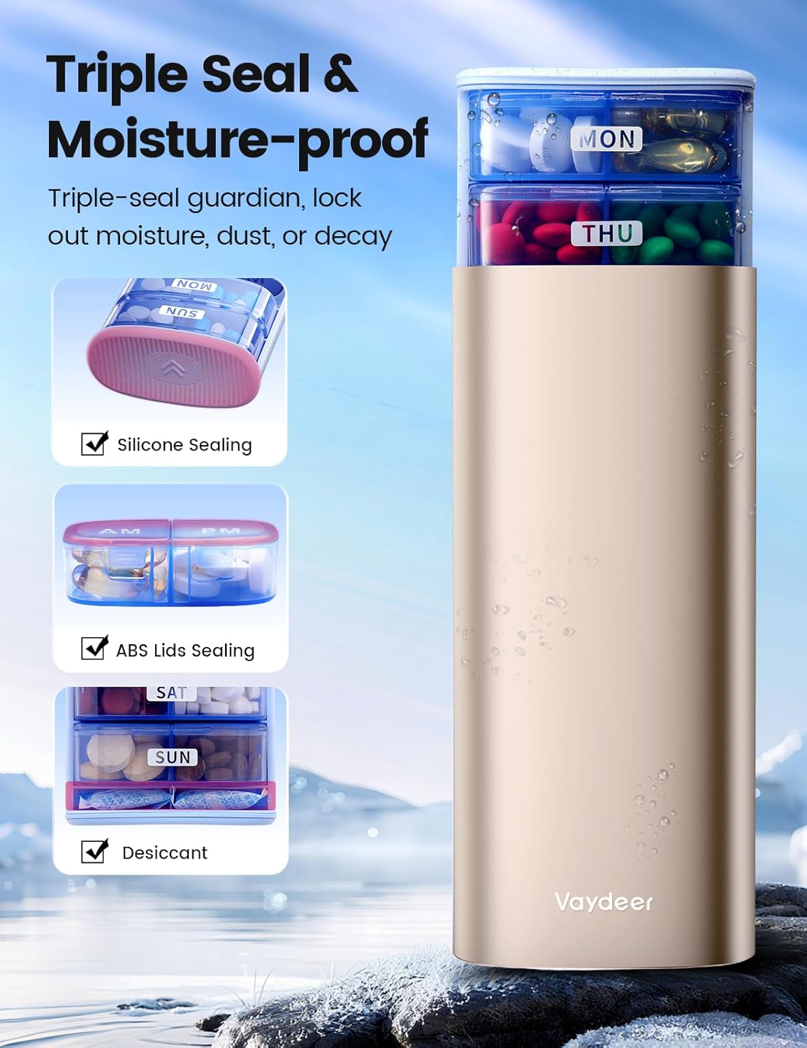 Vaydeer AM/PM Metal Pill Organizer, Weekly Pill Box with Built-in Desiccant Compartment, Airtight Travel Pill Case for Medication, Vitamins & Supplements (Champagne Gold) - Image 3