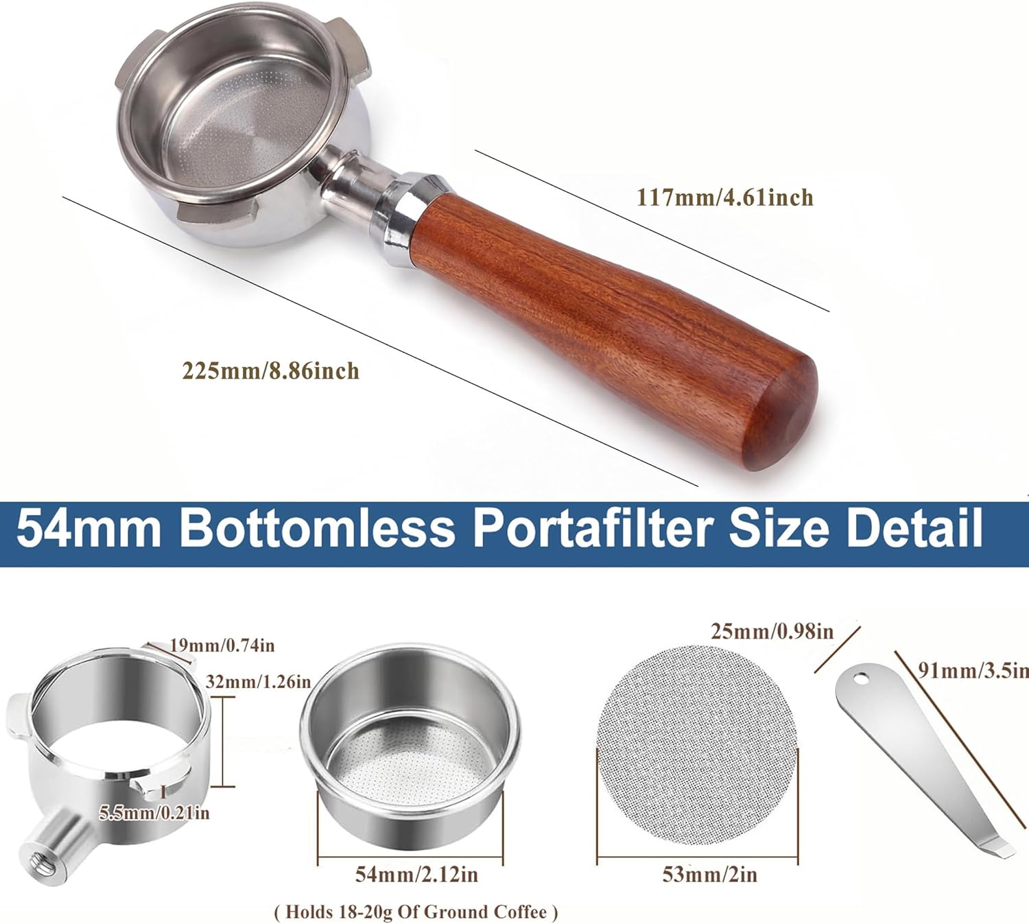 54mm Bottomless Portafilter Compatible with Breville BES870/878/880/876 Series Barista Espresso Pro, 3 Ears Naked Portafilter, Rosewood Handle, Includes 18–20g Filter Basket and Removal Tool