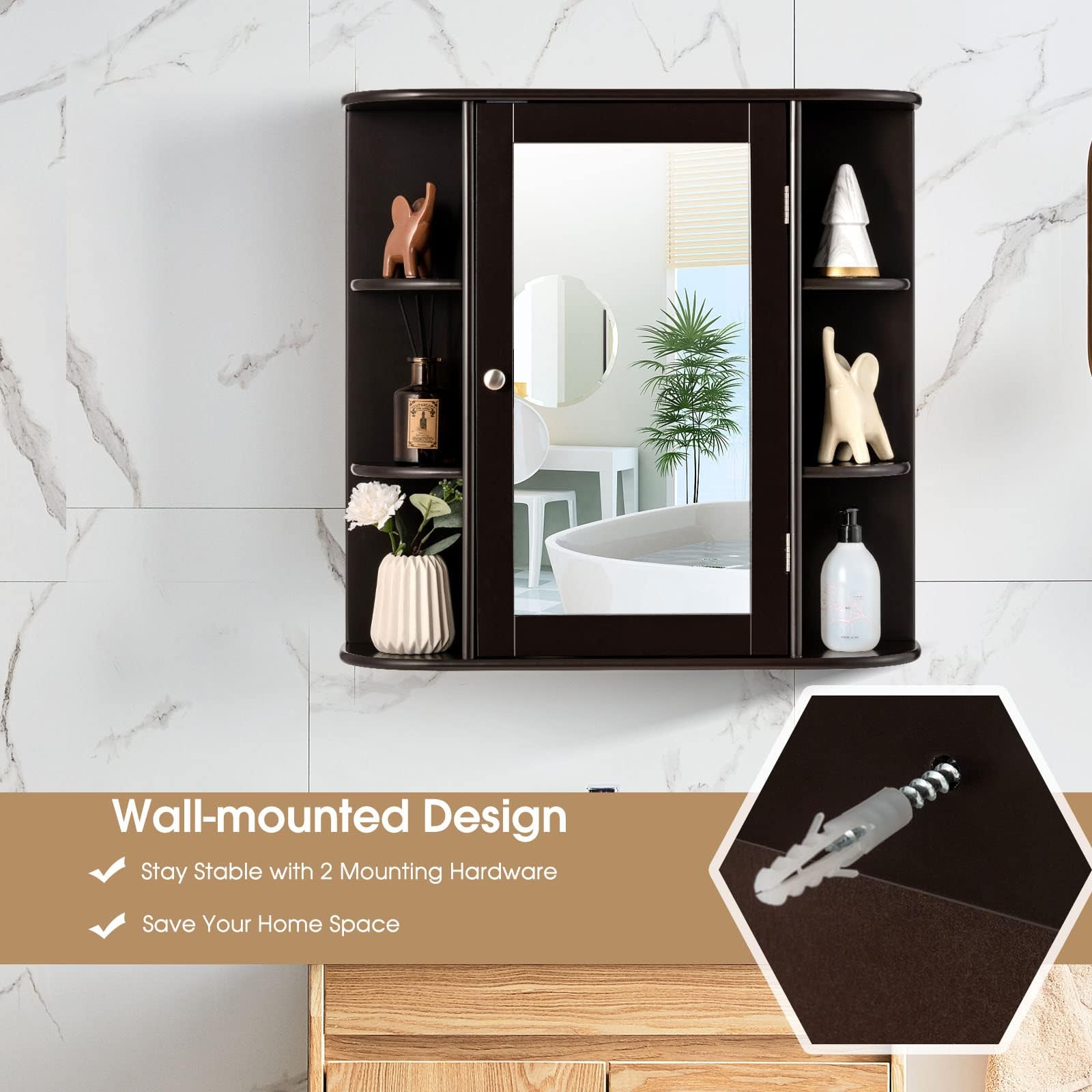 LIFEZEAL Armadietto a Specchio, Pensile a 1 Anta, per Bagno, 4 Ripiani e 6 Scomparti Aperti, Ripiani Interni Regolabili, Mobiletto da Parete, Salvaspazio, in Legno, 66x16,5x63 cm (marrone)