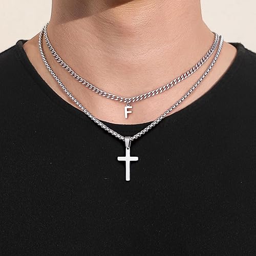Miniatura 2 de Cross Necklace for Men, Stainless Steel Silver Layered Initial Letter Cross Pendant Necklaces Chain for Men Boys, Initial Cross Necklace Cuban Link