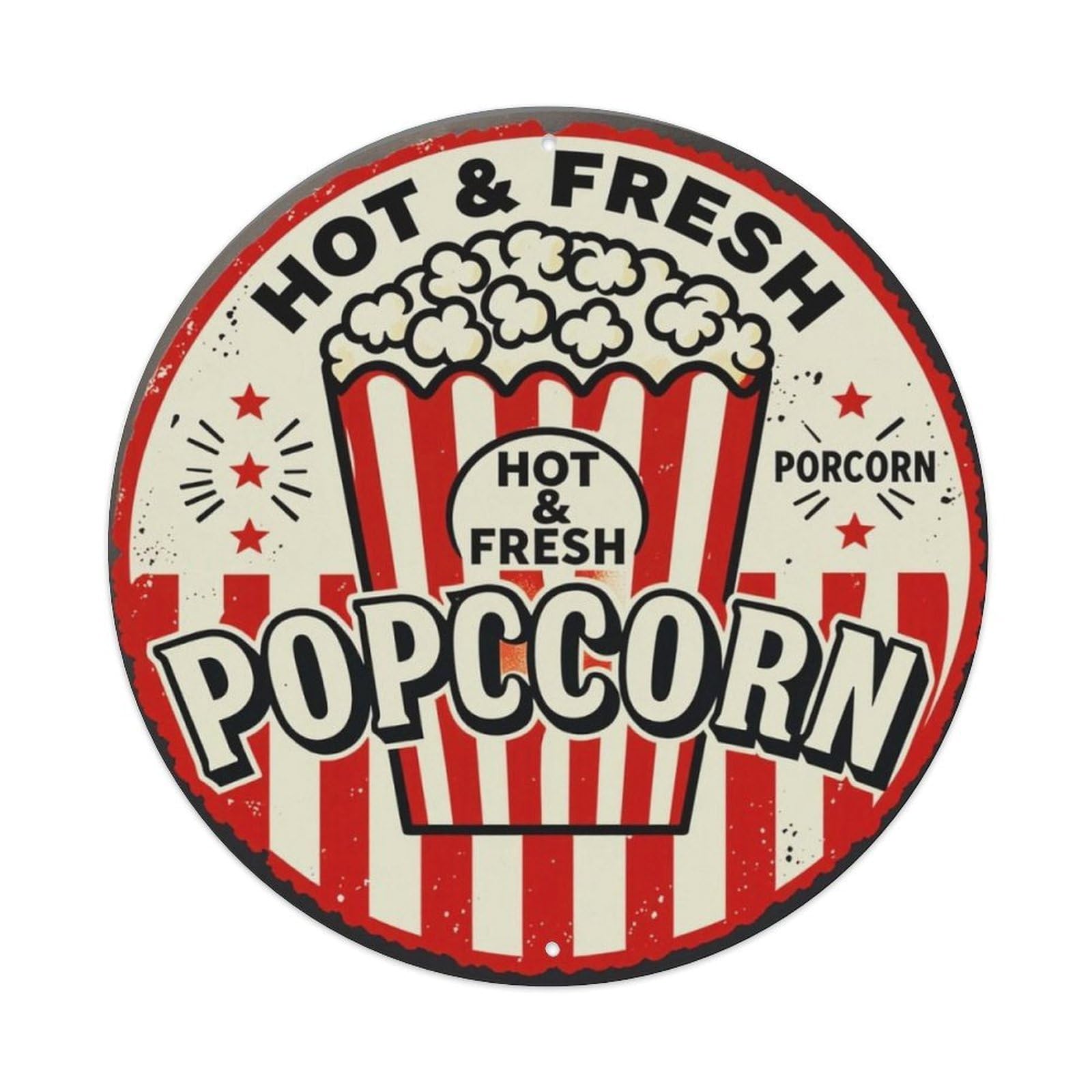 American Vintage Hot Fresh Popcorn Shop Round Decor Sign Vintage Aluminium Metal Sign, Retro Wall Decor for Home, Bar, Garage & Farmhouse 20x20cm