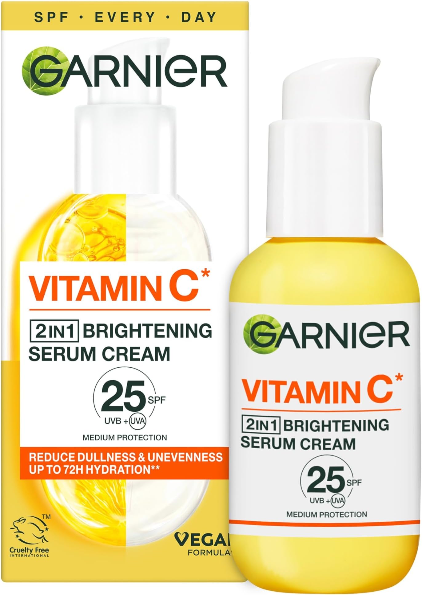 Vitamin C Serum Cream SPF 25, 2-in-1 Brightening Face Moisturizer with 20% Vitamin C, Hydrates, Protects and Reveals Bright Glowing Skin, Organic, Cruelty-Free & Vegan, All Skin Types, 50ml