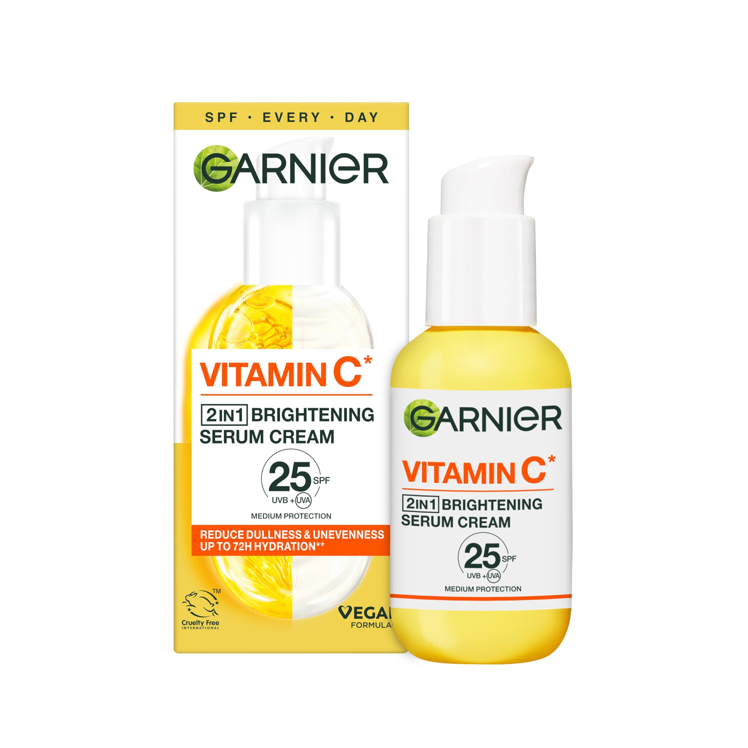Garnier Vitamin C 2 in 1 Brightening Cream: Hydrating SPF 25 Moisturizer with 20% Vitamin C Serum. Hydrates, Protects and Reveals Bright Glowing Skin. Organic, Cruelty-Free, 50ml. All Skin Types