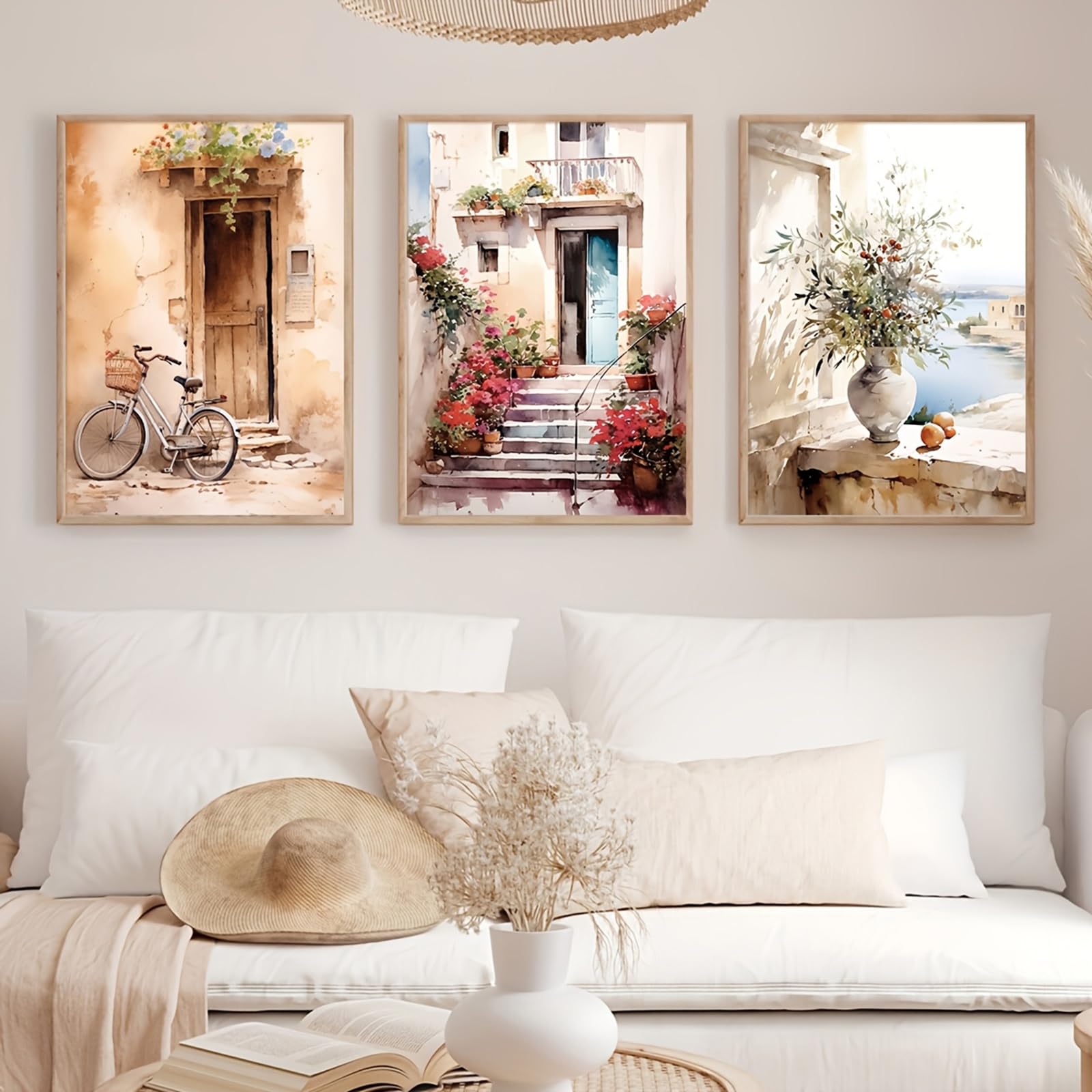 Zbello 1 Set Of 3 Posters, Mediterranean Landscape Watercolour Canvas Print, Bicycle, Garden Corner And Travel Wall Art For The Living Room, Bedroom And Home Decor, Unframed (30X40cm)