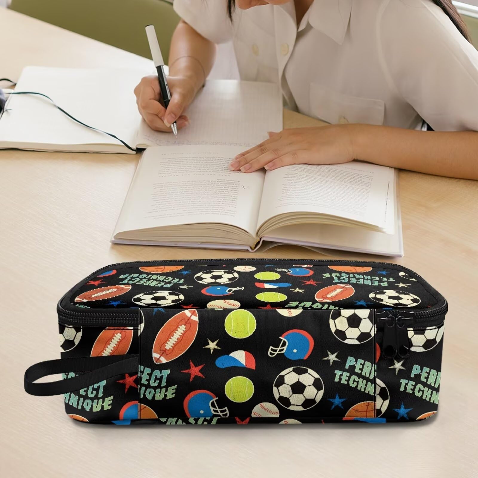 Dngkaoje Sports Themed Soccer Rugby Print Pencil Case for Kids Boys School Pen Bags Large Capacity Pouch for Kids Boys Girls School Supplies Stationery Organizer Case - Image 3