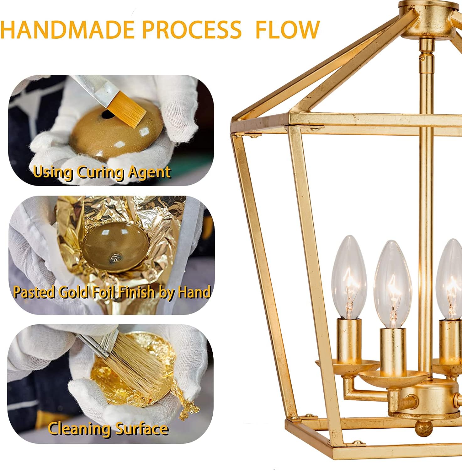 Untrammelife 4-Light Aged Gold Lantern Pendant Light, Adjustable Height Metal Geometric Light Fixture 12’’ Classic Cage Lantern Chandelier for Kitchen Island Hallway, Hand-Pasted Gold Foil Finish - - 