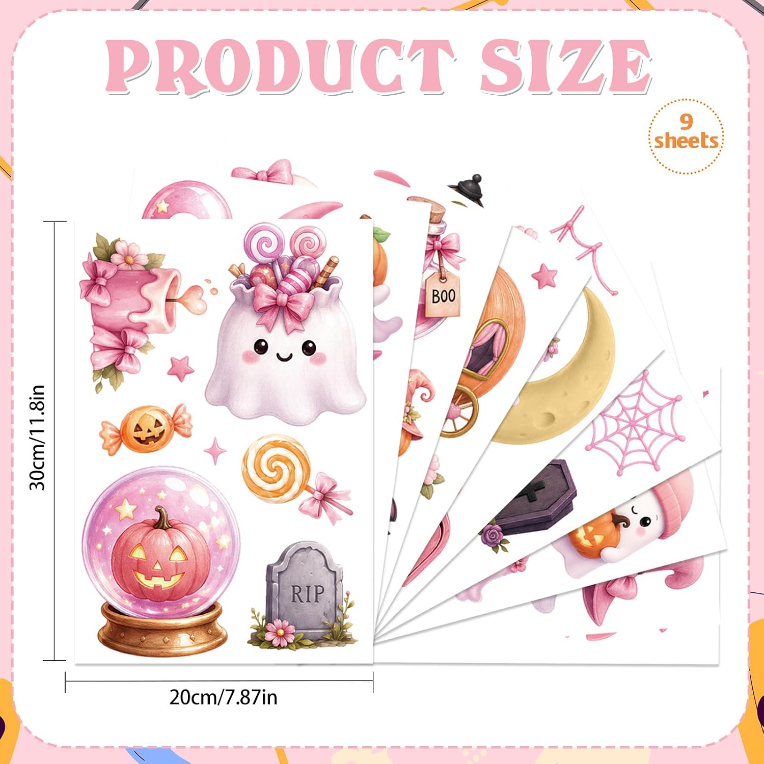 Xzentira Pink Halloween Window Clings 9 Sheets Cute Halloween Ghost Window Stickers Decoration Reusable Static Decals with Pumpkins Bats Witch Cat Halloween Decor for Kids Room Classroom Home Party image 2